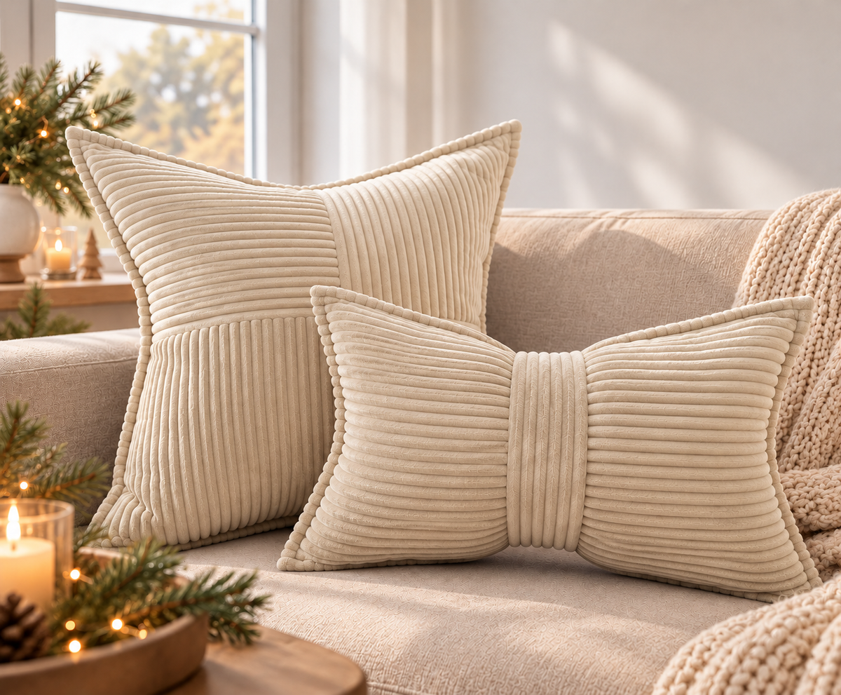 Cord Kissen 2er Set – Dekokissen mit geometrischem Muster und Schleife